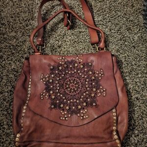 Embroidered Reddish/Brown Leather Handbag